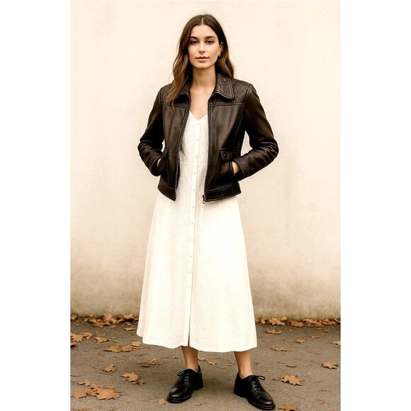 Calvin Klein S VINTAGE y2k Quilted Leather Motorcycle Jacket Elbow Patches Black - Picture 3 of 14